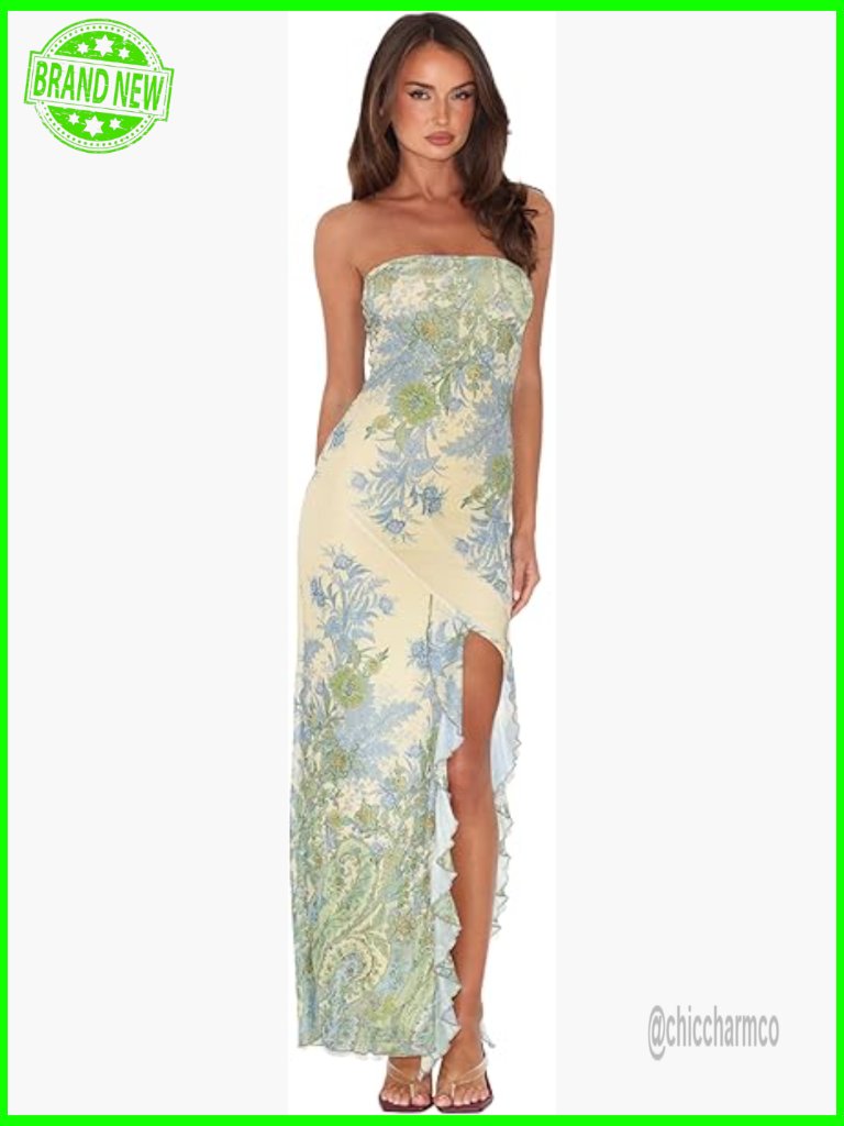 Strapless Maxi Dress Bodycon Fit Ruffle Trim Side Split Size Medium